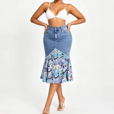 High Waist Light Blue Denim Mermaid Skirt for Women Patchwork Graphic Print Long Jean Skirts Bodycon Fish Tail Denim Skirt