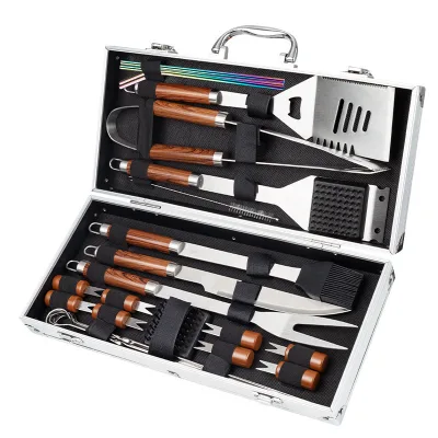 Stainless Steel Vintage Barbecue Tool Set Wood Handles Charcoal Grill Utensils High Quality Outdoor Camping Equipment 24-Piece