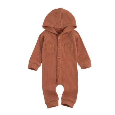 Wholesale Waffle Baby Onesie Spring Front Button Baby Bodysuit Soft Hoodie Baby Rompers
