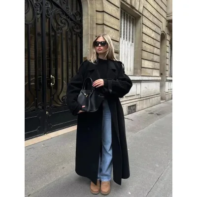 Women's Elegant Oversize Woolen Long Coat Black with Belt-Double Breasted Overcoat Featuring Button Decoration Winter Style