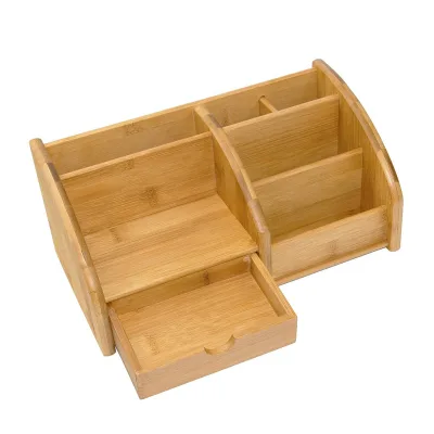 Office Supplies Bamboo Desk Organizer Pen Holder Accessories Storage Caddy with 1 Drawer, 7 Compartments
