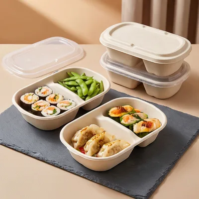 Degradable Disposable Sugarcane Bagasse Microwave Freeze Safe Minimalist PP/PET Lid Lunch Box for Salad Fruit & Takeaway
