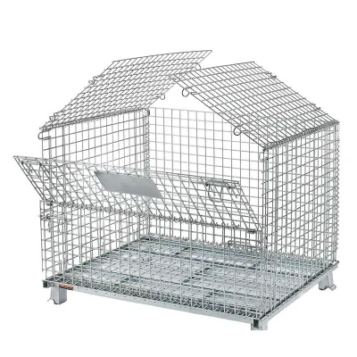 Galvanized Gable Roof Wire Mesh Container With Split Gate Ear Loop Lock Cross-Slat Floor And Flared Stack Legs For Warehouse