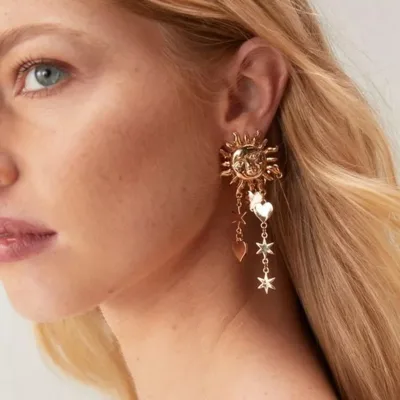 Vintage Stainless Steel Large Sun Stud Earrings Gold Love Heart Stars Tassel Stud Earrings for Women Anniversary Party Jewelry