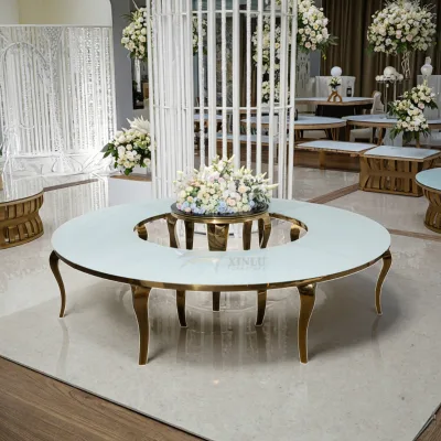 Wedding Rental Round Mirror Glass Top Stainless Steel Minimal Luxury Wedding Furniture Dining Table Set