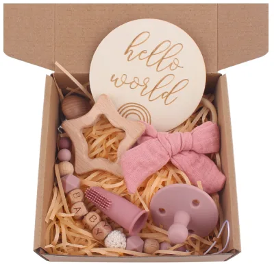 New Design Beech Wooden Baby Teething Ring Toy Food Grade Silicone Baby Pacifier Clip Holder Newborn Baby Gift Set