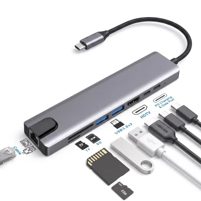 8-Port USB-C Hub with 4K 60Hz Ethernet 3.0 SD Card Support Aluminum Alloy Charging Station Dock Boxed Product Stock