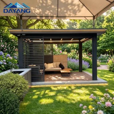 Obsidian Garden Pavilion, Modern Aluminum Gazebo with Perimeter LED & Wood Deck