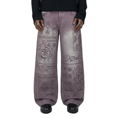 DIZNEW Printed Jeans Pink Purple Gradient Washed Baggy Dense Totem Circuit Board DIZNEW Logo Print Unisex Wide Leg Custom OEM