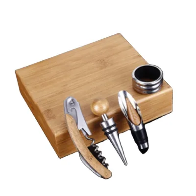 4 in 1 Bamboo Box Wine Corkscrew Aerator Wine Stopper Foil Cutter Deluxe Set Wine Opener Accessories
