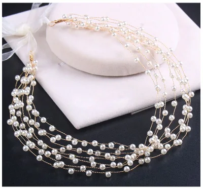 Bridal Headpiece Wedding Headband - Pearl Vintage Wedding Hair Bands for Brides with Lace Ribbon