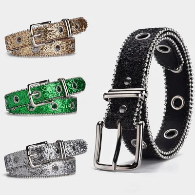 Western Cowgirl Cowboy Belts Hollow Out Versatile Sequin Silver Belt Vintage Bling Crystal Diamond Studded Leather Belt