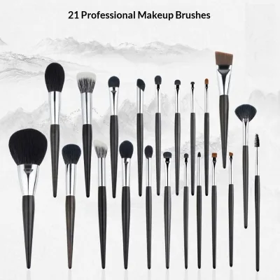 High Quality 21 Piece Animal Hair Makeup Brush Set Ebony Wood Handle Wool Eyeshadow Brush Set with Brush Bag