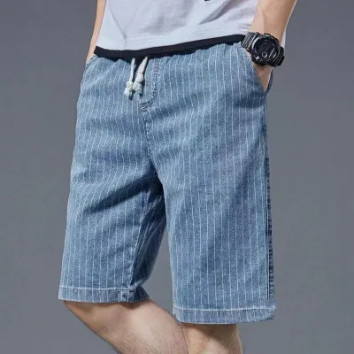 Hot Sale Summer Thin Men's Loose Straight Stretch Casual Shorts Stripe Denim Shorts for Men