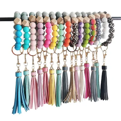 Fashion Custom Silicone Beads Elastic Bangle Bracelet Keychain Leather Tassel Silicone Beads Bracelet Wristlet Keychain