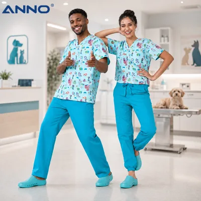 4pcs ANNO Veterinary V-Neck Scrub Set with Medical Clogs Cartoon Animal Print Pet Hospital Uniform for Vet Tech