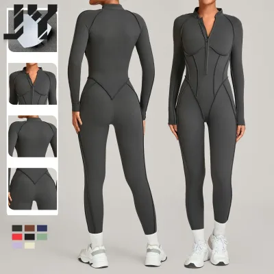 2025 Hot Sale Fashionable Women's Stand-Up Collar Half-Zip Fleece-Lined Yoga Jumpsuit Outdoor Thermal Coverall for Running