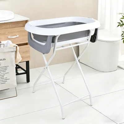 Foldable Elevated Infant Bathtub with Sturdy Folding Stand and Thermometer