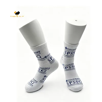 Custom Community College Gym Socks Logo White Men Sports Crew Socks Low MOQ Cotton Personalized Allover Print