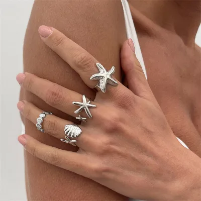 Ocean Beach Holiday Style Summer Ring for Women Trendy Sun Starfish Motif High-end Niche Personality Natural Stone Main Stone