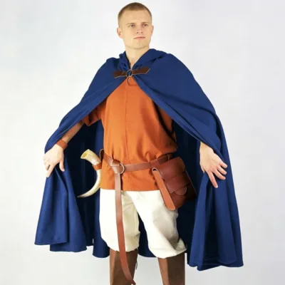 Medieval Ranger Blue  Hooded Cloak with Metal Ring Buckle Unisex LARP Cosplay Cape for Adults