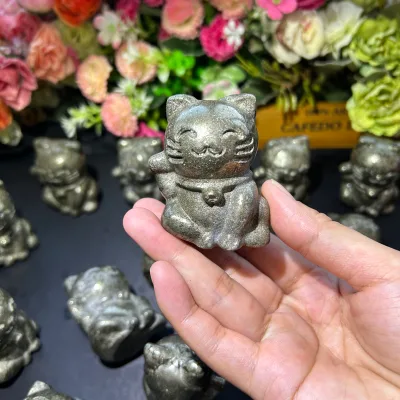 Crystal Crafts Pyrite Lucky Cats Statue Wholesale Bulk Stone Cat Sculptures Carvings for Meditation