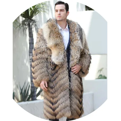 Top Quality Thick Fur Men Big Fur Collar Long Fur Coat