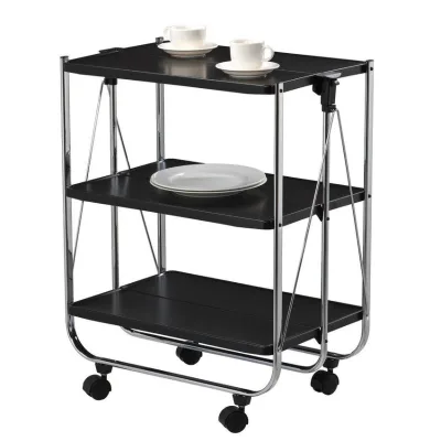 3-Piece Sheves Type Folding Trolley Serving Cart Wood Panel Style Kitchen Furniture