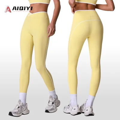 LD2610 Hip-lifting Contrasting-color Crossed V-waist Slim-fit Tummy Control Spandex/Nylon Sports Cropped Pants Yoga Leggings