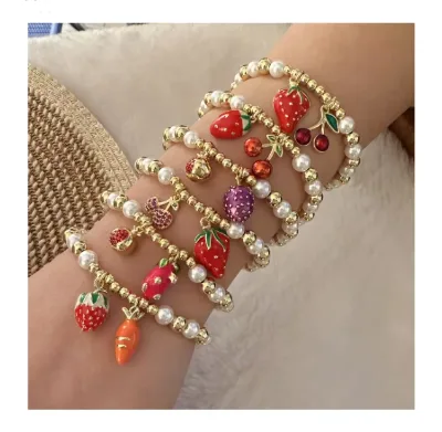 New Wholesale Hot sale Ice Imitation Pearl Beaded Sweet Cherry Strawberry Design beaded chain fruit bracelet