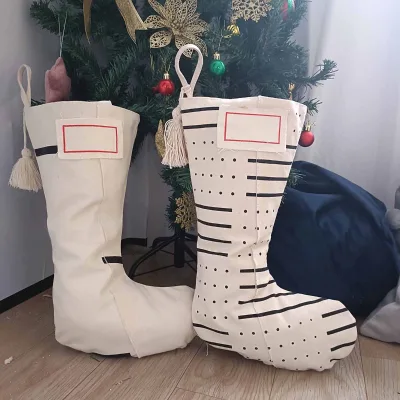 Custom Christmas Canvas Stockings 16" Large Size White with Long Tassels Luxury Stockings for Christmas Decoration