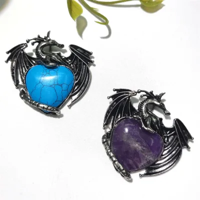 Antique Silver Plated Fly Dragon Necklace Heart Shaped Charm Natural Stone Amethyst Black Obsidian Pendant for Jewelry Making
