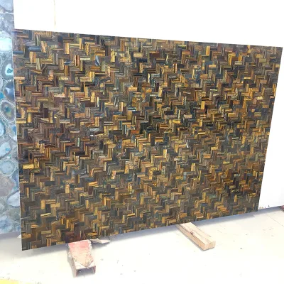 Customized Special Design Pattern Gemstone Crystal Quartz Tiger Eye Stone Slab for Wall