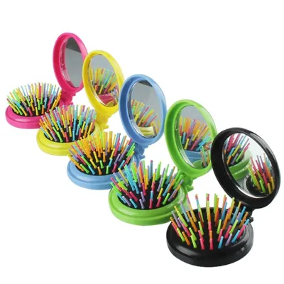 Small Foldable Rainbow Portable Plastic Handheld Mirror Comb for Travel