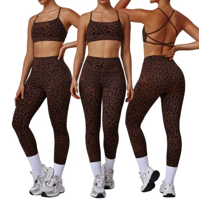 Under Custom Leopard Print Women's Yoga Suit 2-Piece Set High Waist Hip-lifting Pants Thin Strap Beautiful Back Sports Bra