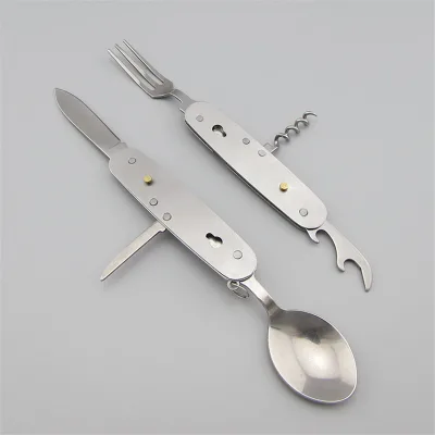 Foldable 6-in-1 Stainless Steel Camping Tableware Multi Tool Knife Spoon Fork Bottle Opener for Outdoor Picnic
