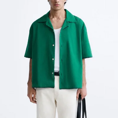 Custom High Quality Spread Collar Boxy Fit Short Sleeve Loose Linen Button up Shirt Men