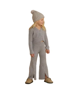 Chic Grey Knit Kids' Set - Cardigan & Flared Pants with Beanie