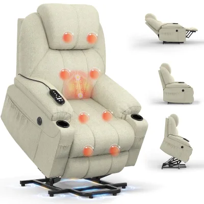 Wholesale Type C Beige Fabric Medical Electric Vibration Massage Recline Lift Recliner Chair with Extended Footrest Cup Holders