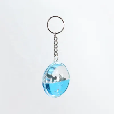 Cartoon Acrylic Circle Shark Floater Blue Water Glitter Quicksand Floating Liquid Oil Aqua Bubble Carabiner Keychain Business