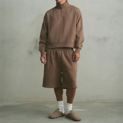 Women 1/4 Zip Half Zipper Pullover Sweatshirt Shorts Set 400GSM 100%Cotton Oversize Casual Streetwear Tracksuit Two Piece Outfit