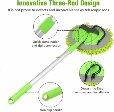 Scratch Free 2 in 1 Car Wash Mop Detachable Chenille Cleaning Mitt Long Handle Car Care Kit for Interior Exterior Car Cleaning