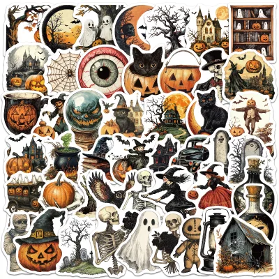 50Pcs Cartoon Halloween Horror Element Graffiti Stickers for Home Decor Retro Witch Ghost Sticker