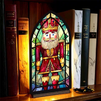 Home Library Wooden Bookend Illuminated Book Nook Stained Glass Style Bookshelf Insert Ornament