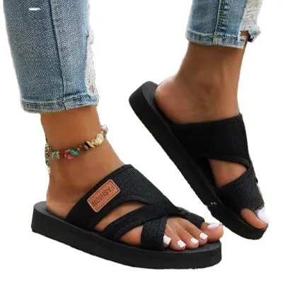 European American Women's Large Size Flat Casual Beach Sandals Fashion Anti-slip Wear-resistant Mesh Cloth Flip-flops