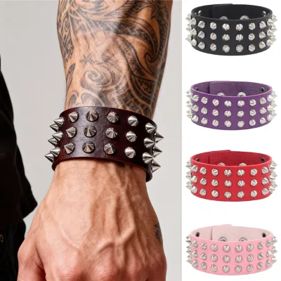 HW European American Fashionable Men's Three Row Rivet Wristband Exaggerated Hip Hop Rock Punk Leather Bracelet Bangle