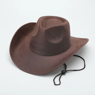 Men Retro Felt Wide Brim Western Cowboy Cowgirl Hat Dress up Hat with Wind Lanyard