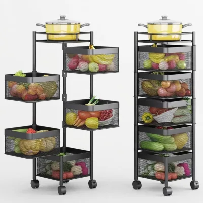 Hot Sale 360 Degree Rotatable Storage Cart Multi-layer Wire Mesh Basket Wheeled Trolley for Kitchen Sundry Organizing