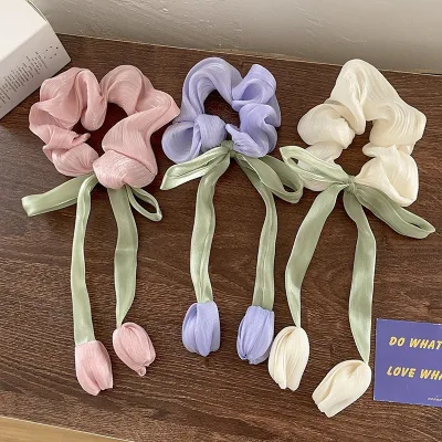 DOWELL Wholesale New Style Sweet Tulip Bowknot Stream Satin Hair Rope Leather Band Headdress Accesorios Para Ninas