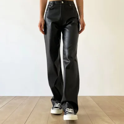 Wholesale Custom Women PU Leather High Waist Loose Straight Leather Pants Long Pants Wide Leg Pants for Women